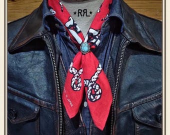 RRL double rl Ralph Lauren Red Cotton Bandana, Western Bronco Horse Print Neckerchief (Made in Japan)