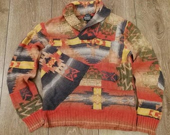 Vintage Polo Ralph Lauren hand knit patchwork southwestern Aztec sweater mens shawl collar size S