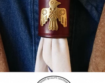 Horween wine red leather Thunderbird scarf slide   American bandana ring  brass neckwear rrl style handmade Navajo handkerchief holder
