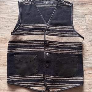 Può includere: Un gilet senza maniche con un motivo a righe orizzontali nere e beige. Il capo presenta uno scollo a V, una chiusura frontale con quattro bottoni e due tasche applicate in pelle marrone scuro. I bordi sono rifiniti in pelle scura.