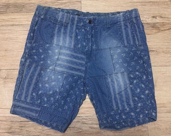 Vintage Rrl Ralph Lauren Polo Patchwork anchor cashew pattern  Indigo blue  Shorts size 36