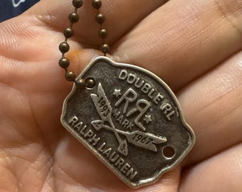 NOS RRL Double RL Silver Plated Dog Tag Pendant necklace, Brass Ball Chain Keychain, ralph lauren Vintage Style accessory Americana bag char