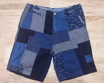 Vintage Rrl Ralph Lauren Polo Patchwork Embroidered Indigo Multi Fabric Blue Shorts size 38