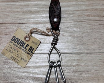 Rare RRL double rl Leather carved tooled Western retro floral Hand belt keychain key fob Charm Unisex