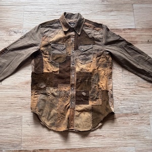 Seltenes, limitiertes Double RL RRL Westernhemd aus Canvas mit Used-Look, Cord-Patchwork-Details, Boro-Kragen, Concho-Knopf, geschnittenem Waschetikett und günstigem Angebot.