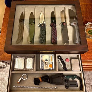 Walnut Knife Display Case with Glass Lid | Pocket Knife Case & Knife Organizer Box | Knife Holder with Drawer for Collectors | Knife Storage
