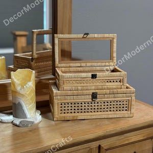 Set Of 2 Rattan Decorative Box With Lids | Rattan Storage Box | Decorative Basket | Rattan Jewelry Box | Keepsake Box | Gift For Her