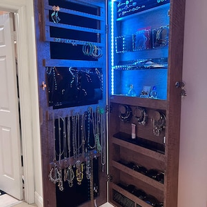 Wall Mounted Jewelry Armoire with Mirror & LED: Locking Jewelry Organizer