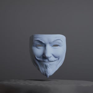 May include: A white plastic mask with a smiling face and a goatee. The mask has a stylized design with a raised brow and a wide smile.