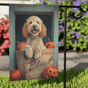Fall Blessed Doodle Art Garden Flag, Doodle Mom, Outdoor Yard House Flag Garden Banner, Goldendoodle Home Decor Gift Dog Lovers Garden Flag