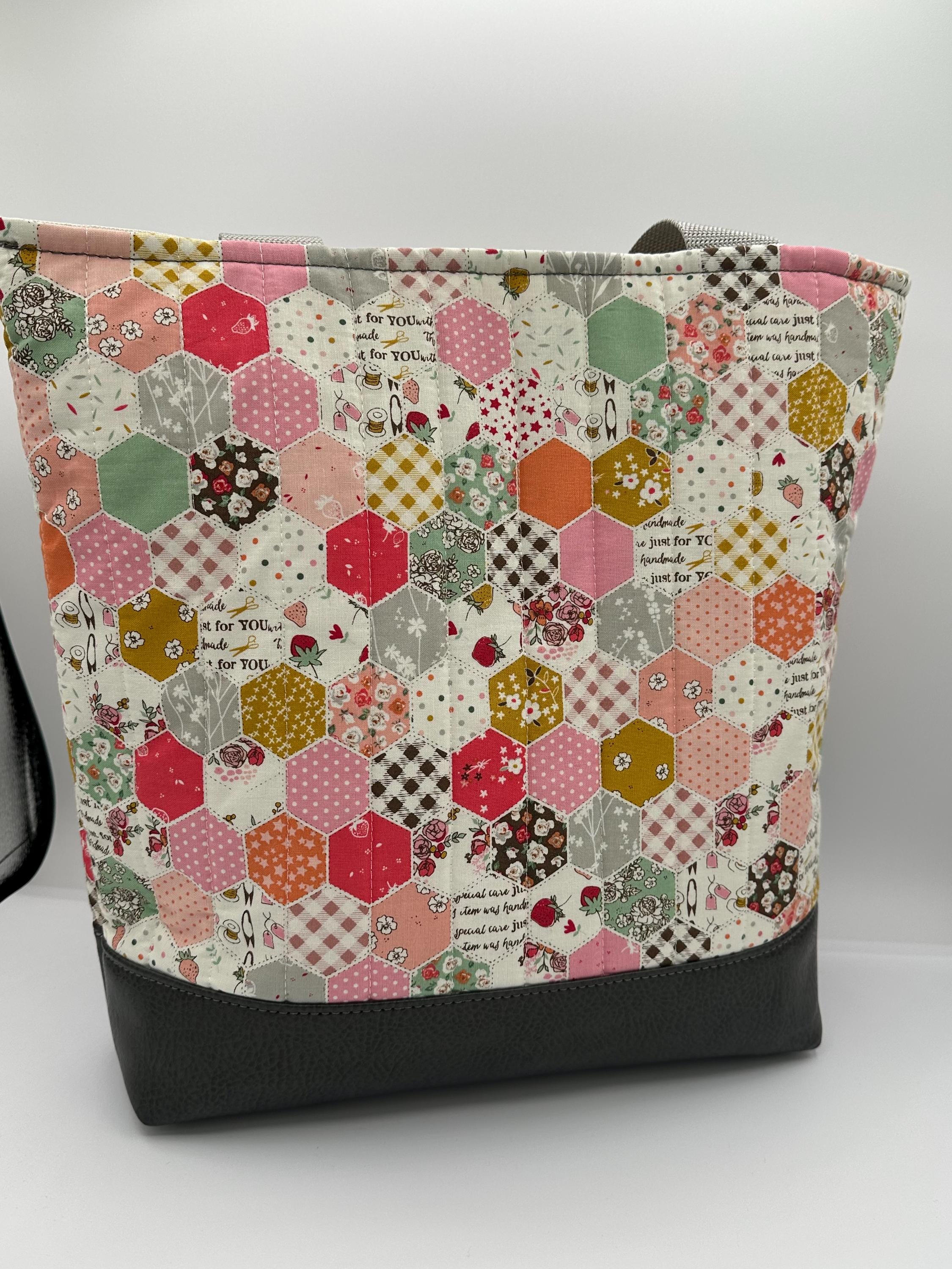 Hexagon Quilted Tote Bag – Minki Kim Fabric, Grey Vinyl Base