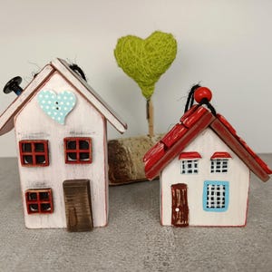 Rustic hanging wooden houses, set of 2, miniature handmade wooden houses.
