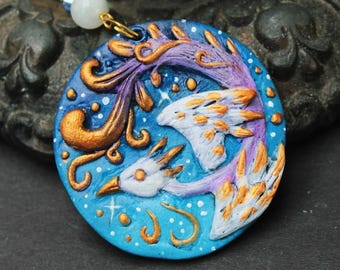 Galaxy Phoenix Pendant: Hand-Painted Polymer Clay Bird Necklace with Moonstone