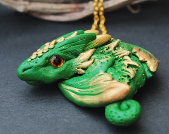 Forest Dragon Pendant Necklace – Green and Gold Fantasy Jewelry