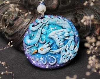 Hand-Painted Polymer Clay Phoenix Pendant: Rainbow Moonstone Fantasy Bird Necklace