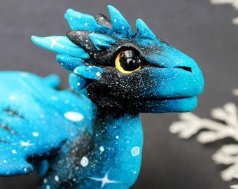 Handmade Winter Night Sky Baby Dragon Figurine - Polymer Clay Fantasy Sculpture