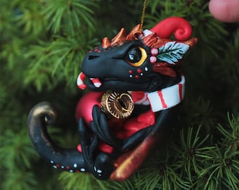 Black Dragon Christmas Ornament - Xmas Dragon Figurine - Fantasy Sculpture