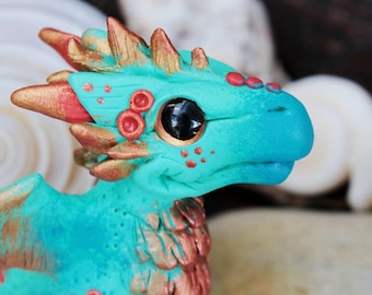Blue Bronze Baby Dragon Figurine - Polymer Clay Fantasy Sculpture