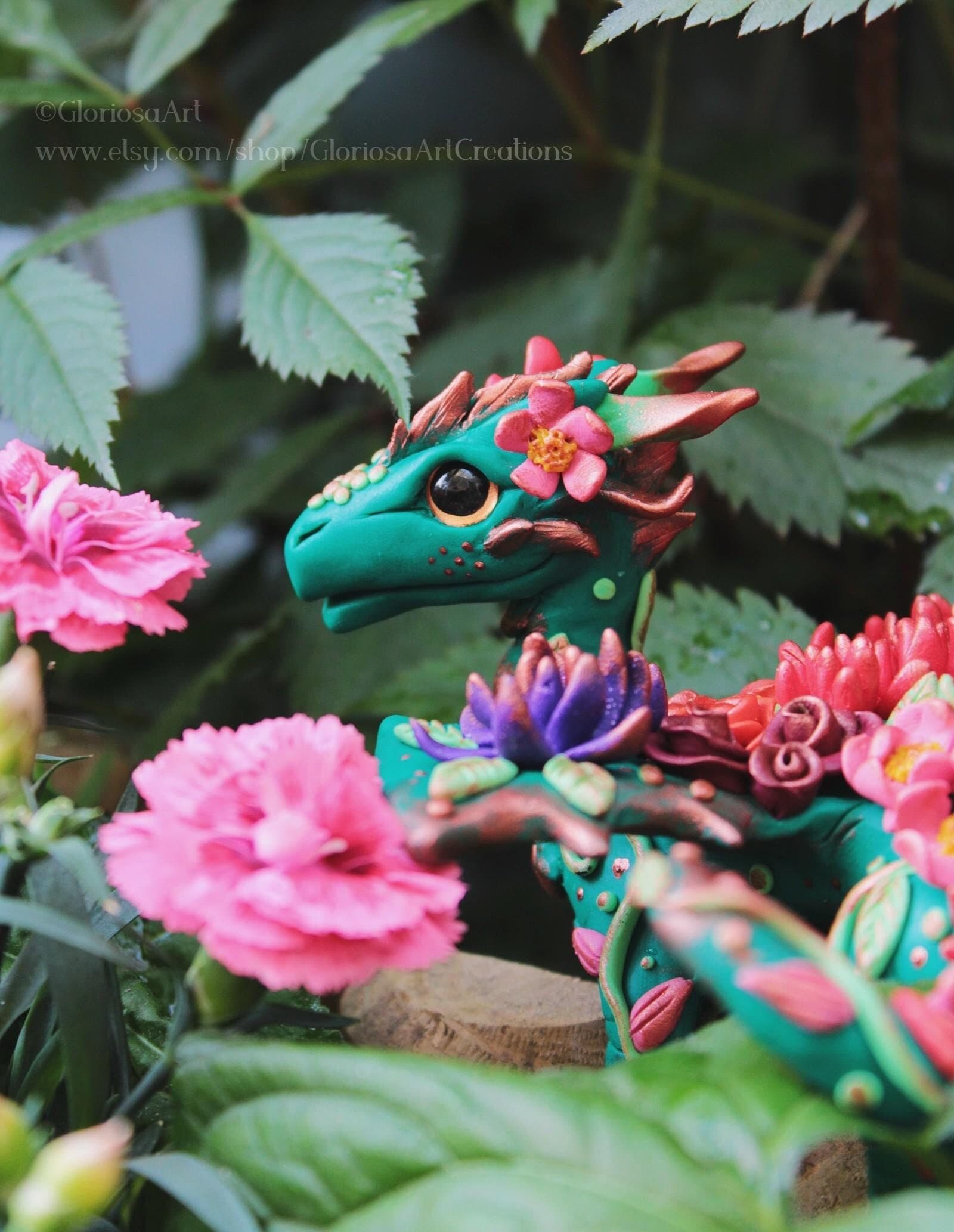 Custom Tropical flower dragon figurine - forest dragon figure - summer dragon sculpure - magic forest animal - floral lover - dragon gift