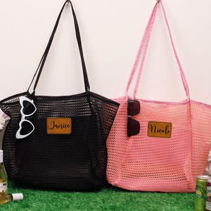 Personalized Mesh Beach Tote Bag with Leather Patch,Sandproof Nylon Bridesmaid Gift Bag,Custom Bachelorette Party Favor,Bridal Shower Party image 2