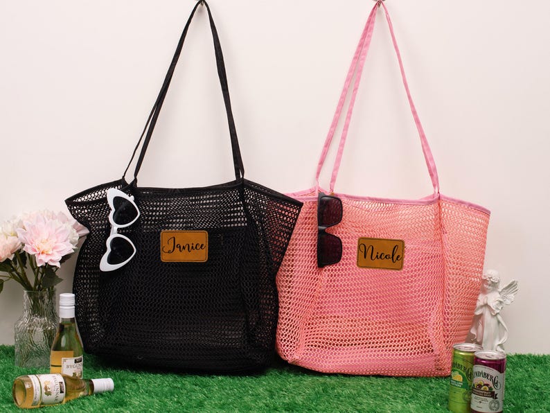 Personalized Mesh Beach Tote Bag with Leather Patch,Sandproof Nylon Bridesmaid Gift Bag,Custom Bachelorette Party Favor,Bridal Shower Party image 2