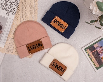 Personalized Baby Hat with Name,Newborn Infant Toddler Beanie, Unisex Kids and Adult Custom Beanie,Leather Patch Engraved Name Hat