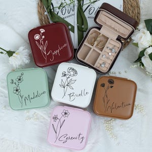 Personalized Leather Jewelry Travel Case: Birth Flower Gift