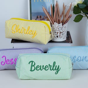 Custom Name Pencil Case for Kids,Embroidered Seersucker Pouch, Personalized School Supplies Bag,Back to School Gift for Students
