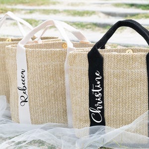 Personalisierte Stroh Tasche, Brautjungfer Geschenk Tasche, Brautdusche Geschenk Tasche, Name Hochzeitsgeschenke Tragetasche, Bachelorette Tote, Strand Tragetasche