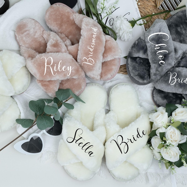 Personalized Fluffy Slippers,Custom Bride Slippers,Fluffy Bridesmaid Slippers,Bachelorette Party Slippers,Bridal Shower Gift,Wedding Slipper