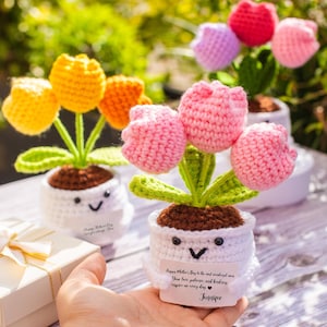 May include: Crocheted tulip flowers in white pots with smiling faces. The flowers are in shades of pink, yellow, and orange. The pots have a brown base and green leaves. A gift box with a gold ribbon is in the background.