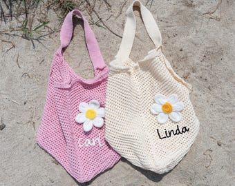 Custom Name Crochet Tote – Personalized Beach Bag with Flowers,Boho Summer Bridesmaid Gift,Girls Trip Bags,Summer Bridesmaid Handbags