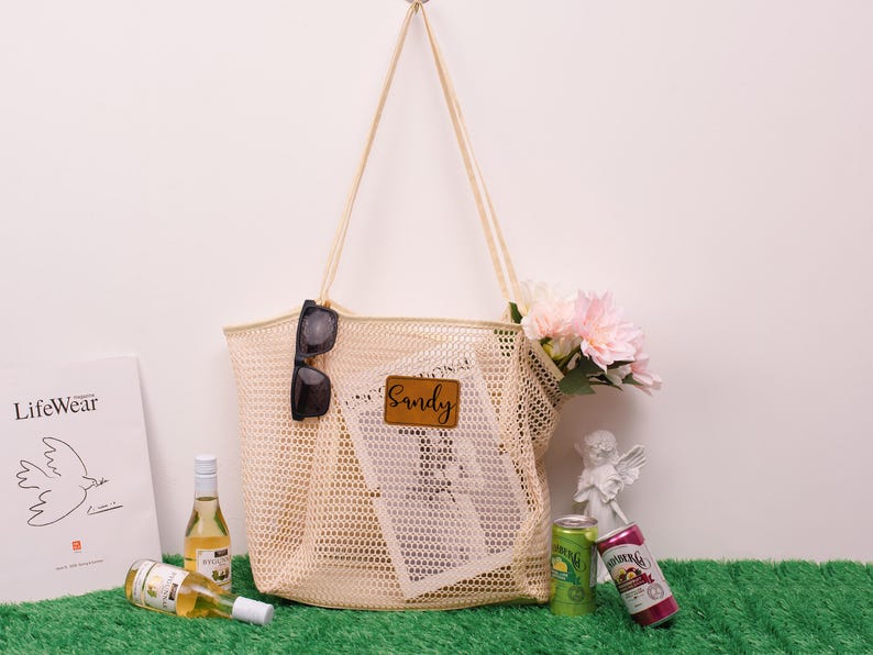Personalized Mesh Beach Tote Bag with Leather Patch,Sandproof Nylon Bridesmaid Gift Bag,Custom Bachelorette Party Favor,Bridal Shower Party image 5