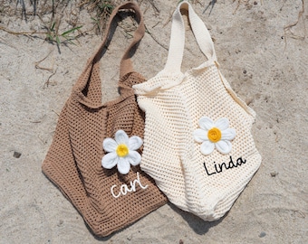 Personalized Crochet Beach Tote Bag: Custom Name & Flowers, Boho Summer Style