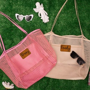 Personalized Mesh Beach Tote Bag with Leather Patch,Sandproof Nylon Bridesmaid Gift Bag,Custom Bachelorette Party Favor,Bridal Shower Party image 3