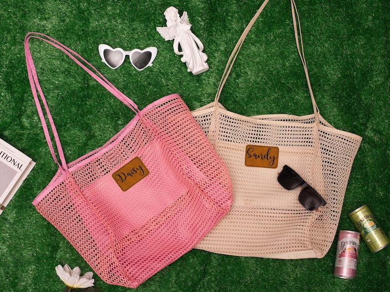 Personalized Mesh Beach Tote Bag with Leather Patch,Sandproof Nylon Bridesmaid Gift Bag,Custom Bachelorette Party Favor,Bridal Shower Party image 3