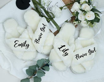 Personalized Flower Girl Slippers: Custom Fluffy Kids Gift