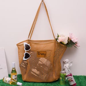 Personalized Mesh Beach Tote Bag with Leather Patch,Sandproof Nylon Bridesmaid Gift Bag,Custom Bachelorette Party Favor,Bridal Shower Party image 6