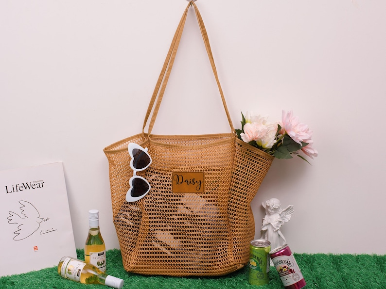 Personalized Mesh Beach Tote Bag with Leather Patch,Sandproof Nylon Bridesmaid Gift Bag,Custom Bachelorette Party Favor,Bridal Shower Party image 6