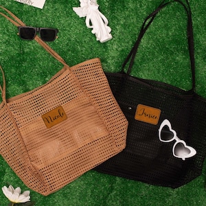 Personalized Mesh Beach Tote Bag with Leather Patch,Sandproof Nylon Bridesmaid Gift Bag,Custom Bachelorette Party Favor,Bridal Shower Party image 4