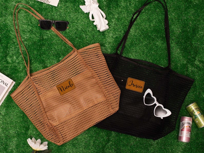 Personalized Mesh Beach Tote Bag with Leather Patch,Sandproof Nylon Bridesmaid Gift Bag,Custom Bachelorette Party Favor,Bridal Shower Party image 4