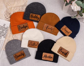Personalized Leather Baby Beanie Hat,Custom Newborn Hat with Name,Unisex Infant Toddler Hat,Engraved Adult Kids Hat,Custom Name Patch Beanie