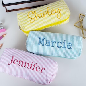 Personalized Seersucker Pencil Case with Name,Embroidered School Supplies Pouch,Back to School Gift,Kids Stationery Bag,Teacher Gift