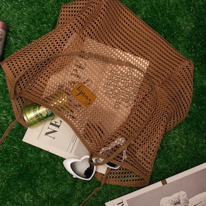 Personalized Mesh Beach Tote Bag with Leather Patch,Sandproof Nylon Bridesmaid Gift Bag,Custom Bachelorette Party Favor,Bridal Shower Party image 8