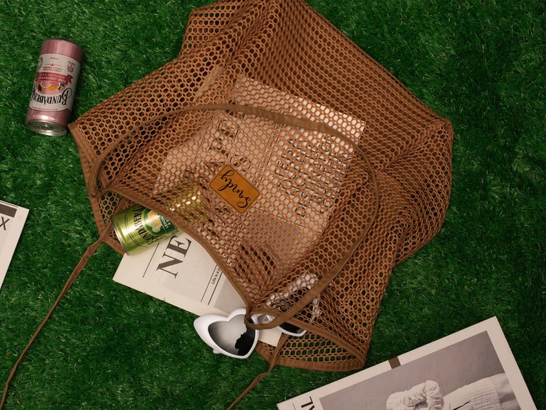 Personalized Mesh Beach Tote Bag with Leather Patch,Sandproof Nylon Bridesmaid Gift Bag,Custom Bachelorette Party Favor,Bridal Shower Party image 8