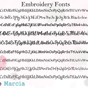 May include: Image showcasing various embroidery fonts, labeled F1 through F10, with examples of each letter in the alphabet. The word "Marcia" is displayed in a light blue font. The fonts are in black.