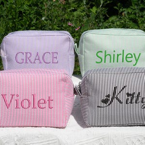 Personalized Seersucker Makeup Bag with Monogram,Bridesmaid Gift for Wedding Day,Custom Embroidered Pouch,Travel Toiletry Organizer for Her