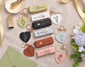 Birth Flower Lipstick Bag Keychain,Engraved Name Lip Balm Holder,Personalized Lipstick Case with Heart Mirror,Lipstick Storage Gift for Her