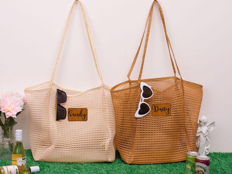 Personalized Mesh Beach Tote Bag with Leather Patch,Sandproof Nylon Bridesmaid Gift Bag,Custom Bachelorette Party Favor,Bridal Shower Party image 1