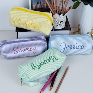 Embroidered Pencil Case with Custom Name,Personalized Seersucker Pouch,Teacher Gifts,Back to School Supplies for Kids & Students